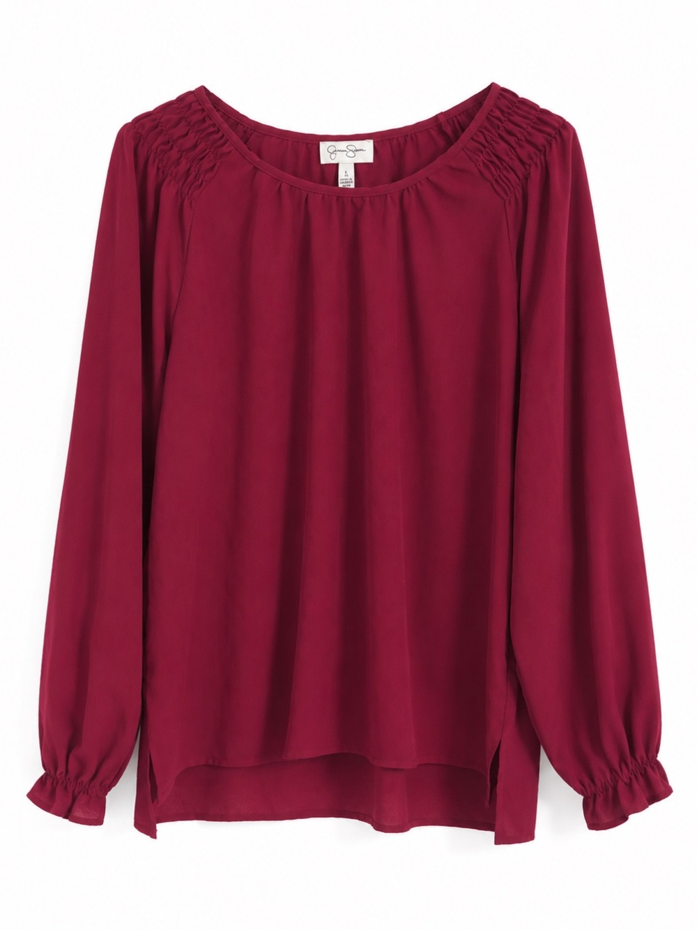 Jessica Simpson Burgundy Long Sleeve Blouse L Smocked Shoulder Ruched Cuff Boho